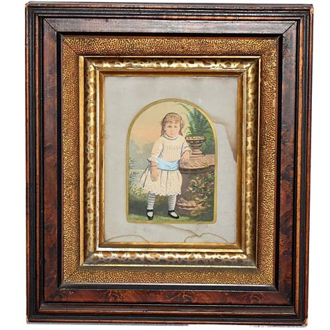 Antique Watercolor Little Girl In Deep Victorian Walnut Frame Gilt