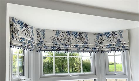 Bespoke Roman Blinds With Bobble Trim In Bay Window Handmade By Our