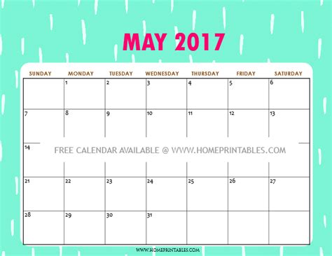 Free Printable May 2017 Calendar 6 Cool And Chic Designs Home Printables