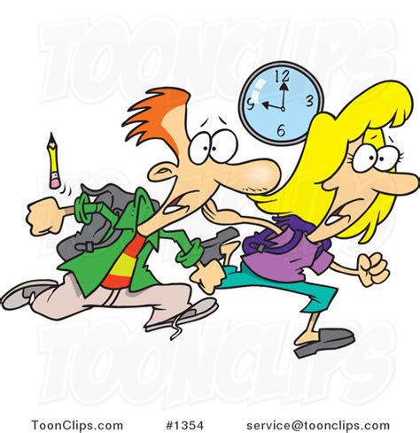 Tardy Cartoon School Boy And Girl Racing To Class 1354 By Ron Leishman