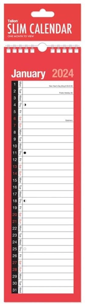 2024 Slim One Column Month To View Spiral Bound Wall Planner Calendar