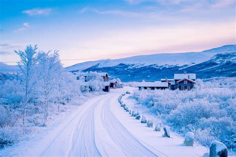 Norway Winter Roads Houses Sky Snow Nature Wallpapers Hd