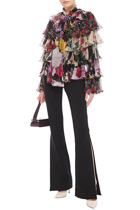 Dolce Gabbana Pussy Bow Ruffled Floral Print Silk Chiffon Blouse