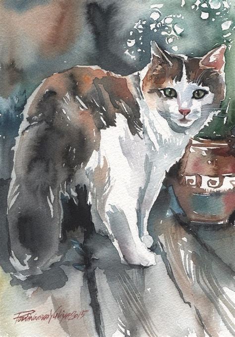 Calico Cat Original Watercolor Painting Three Colored Cat Art Artwork