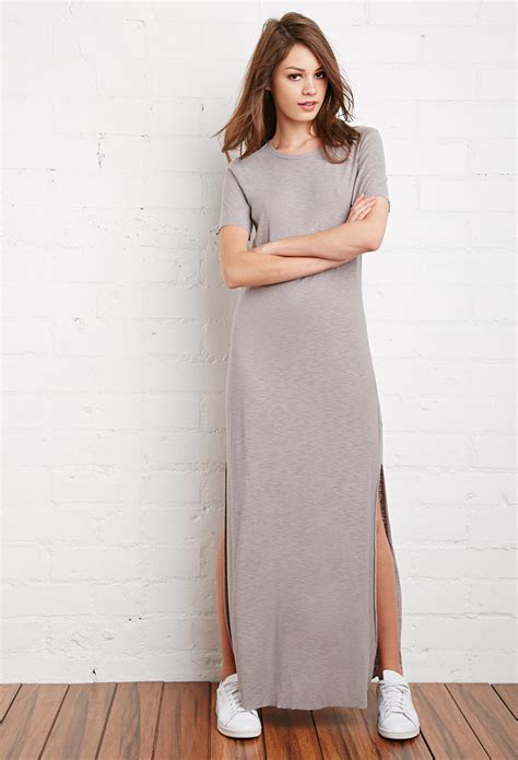 Forever 21 Cotton Maxi T Shirt Dress In Light Grey Gray Lyst