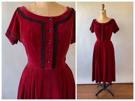 Vintage 1950s Deep Red Velvet Anne Fogarty Dress Party Dress S To M