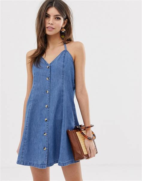 Asos Design Denim Halter Neck Mini Dress With Buttons In Midwash Blue Fashion Casual Dresses