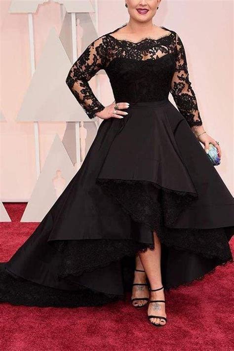 Black Plus Size Prom High Low Long Sleeve Evening Dress With Lace Long Sleeve Evening Dresses