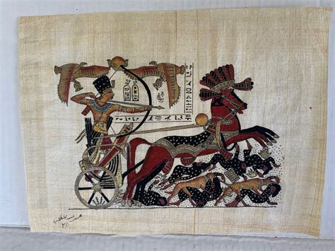 Signed Hand Painted Ancient Egyptian Papyrus King Tut Chariot Battle
