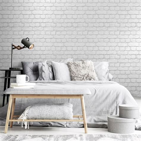 Warehouse Photographic Brick Effect Wallpaper White Grey