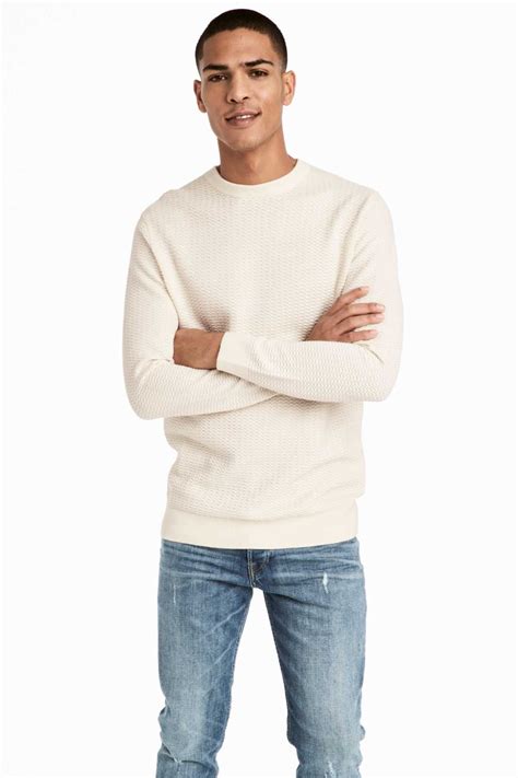 Natural White Long Sleeved Sweater In A Soft Textured Knit Cotton