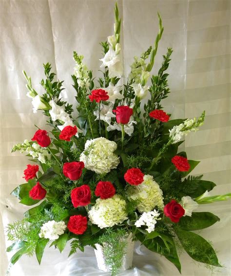 Red And White Funeral Arrangement Of Flowers For Houston Delivery