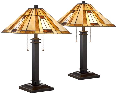 Tiffany Style Table Lamps Set Of 2 Mission Bronze Glass Art Shade For