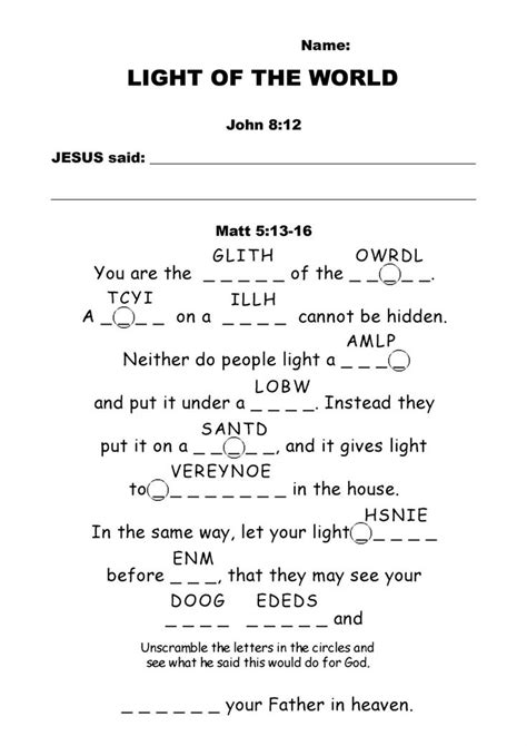 Bible Worksheets Growing Kids In Grace Light Of The World Children