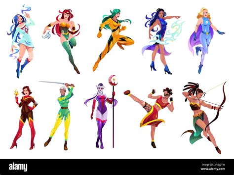 Female Superheroes Characters Heroes Mascots In Different Costumes