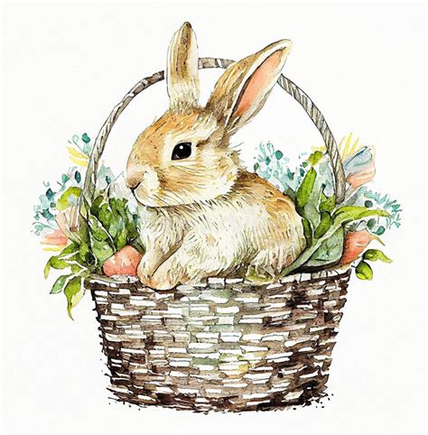 Cute Easter Bunny In Basket With Flowers Rabbit And Wildflowers