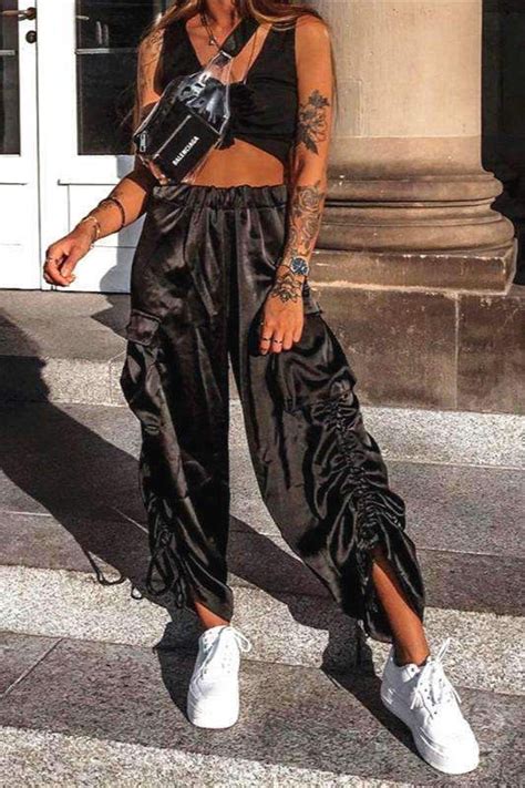 Hip Hop Silky Drawstring Cargo Pants Lupsona Silk Pants Outfit
