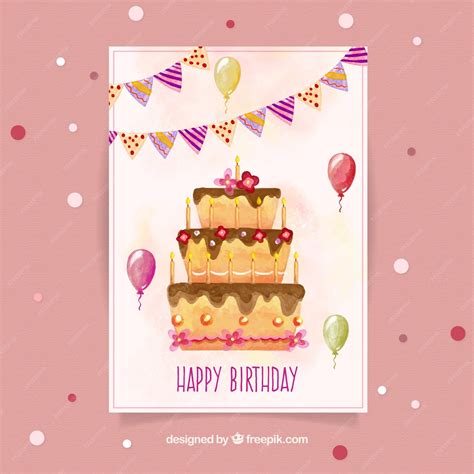 Free Vector Watercolour Birthday Card With A Cake