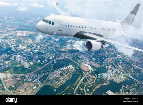 Plane Flying Sky Airplane Above City White Passenger Aircraft Climbs