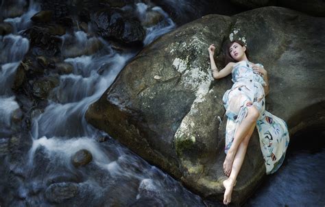 Wallpaper Rock Nature Water Legs Barefoot Dress Asian Women