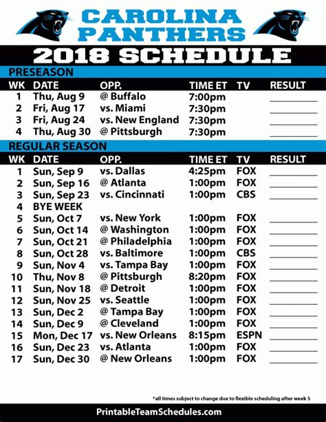 Carolina Panthers Printable Schedule