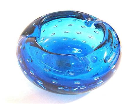 Vintage Murano Glass Ashtray Cobalt Blue Turquoise Cigar Bowl Bullicante Controlled Bubbles