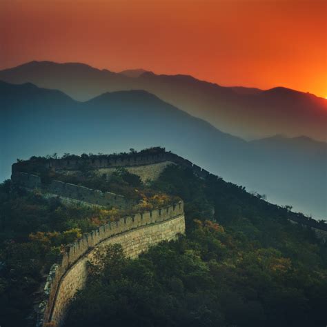 Great Wall Of China Wallpaper 4k Sunset Orange Sky Mountains
