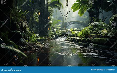 Tranquil Tropical Rainforest Wet Ferns Mysterious Stone Staircase