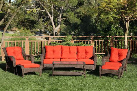 Set of 6 Espresso Resin Wicker Outdoor Patio Furniture Set With Red ...