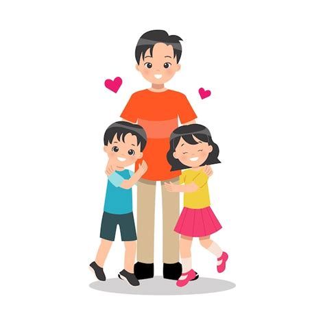 Padre Joven Monoparental Con Sus Hijos Niño Y Niña Abrazan A Su Papá