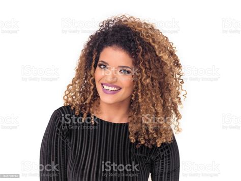 Beautiful Woman With Gorgeous Curly Hair Wearing Purple Lipstick And