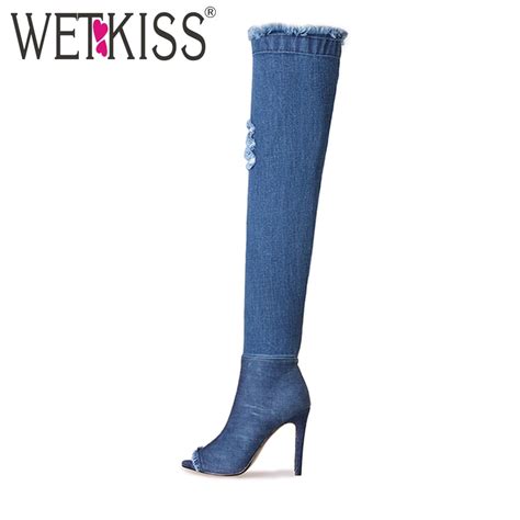 2018 Big Size 33 43 Sexy Denim Over The Knee Boots Women Ripped Denim Boot Female Peep Toe Thin