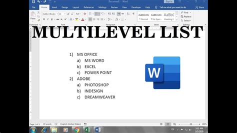 How To Use Multilevel List In Word 2019 Youtube