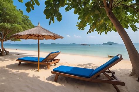 Premium Photo The Sun Loungers Under Umbrellas On The Sandy Beach On Paradise Island Villa Koh
