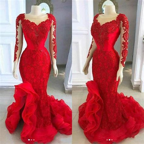 2020 Red Mermaid Evening Dresses Sheer Neckline Lace Appliqued Long Sleeve Prom Dress Low Split