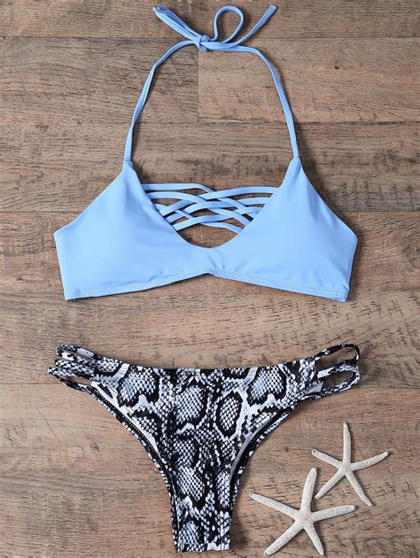 Lattice Front Snakeskin Bikini Set Blue 2n04366613 Size L Bikinis