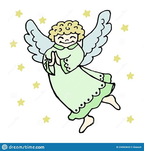 Christmas Illustration Hand Drawn Cute Praying Angel And Stars Card