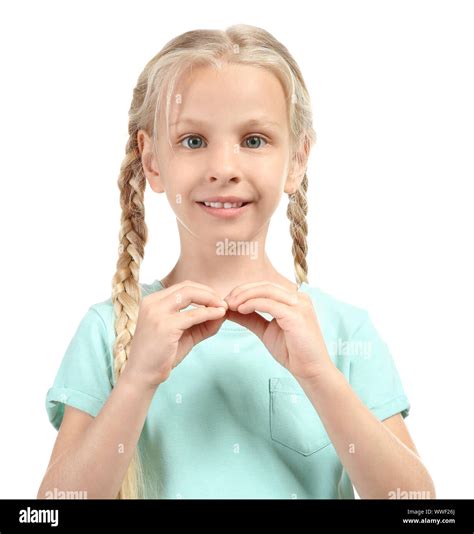 Little Deaf Mute Girl Using Sign Language On White Background Stock