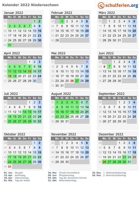 År, bortsett fra år som er delelige på 100. Kalender 2022 + Ferien Niedersachsen, Feiertage