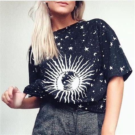 Women New T Shirt Moon And Stars Printing Vintage Loose Short Sleeved