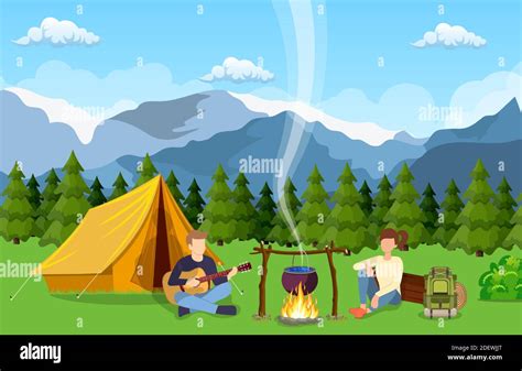 Group Of Young People Are Sitting Around Campfire Stock Vector Image