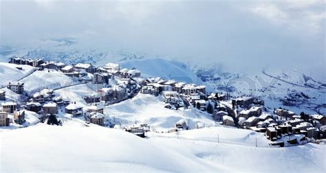 Winter Mountain Village Landscape With Snow And Cute