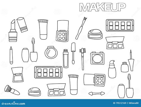 Hand Drawn Makeup Set Coloring Book Page Template Stock Vector