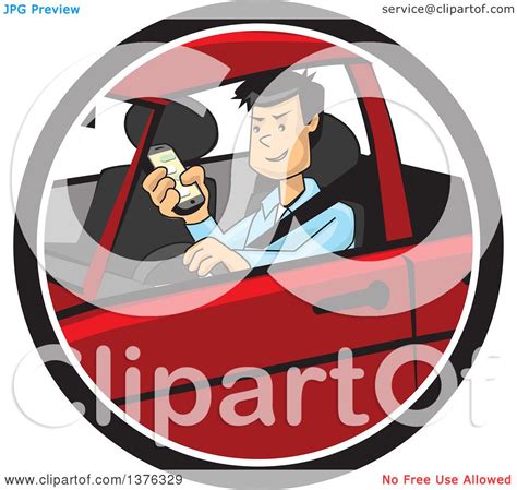 Clipart Of A Distracted Man Driving And Texting On His Cell Phone