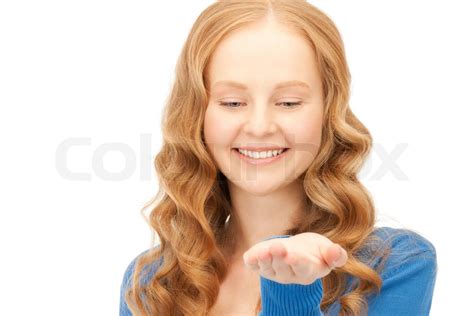 Beautiful Woman Showing Something On The Palm Of Her Hand Stock Image