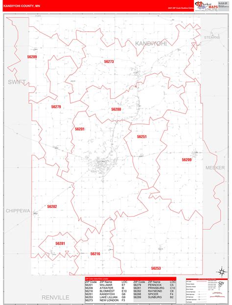 Kandiyohi County Mn Zip Code Wall Map Red Line Style By