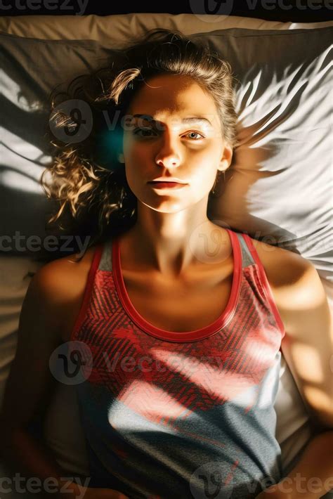 Ai Generative Top View Portrait Of Happy Girl Lying In Comfortable Bed Wake Up In Morning Have
