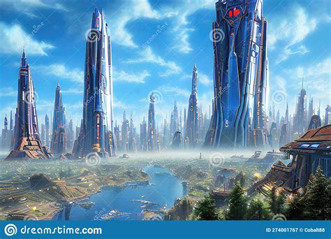 Future City 3d Scene Futuristic Cityscape Illustration With Fantastic