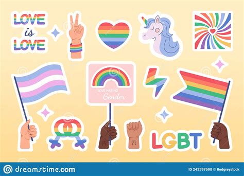 Flat Lgbt Pride Stickers Set With Rainbow Flags And Symbols Stock