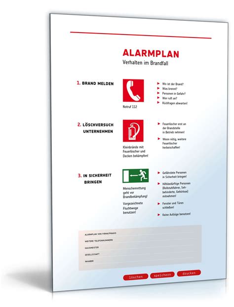 Mit ihm können mitarbeiter über vorhandende regeln für die brandverhütung und das verhalten im brandfall informiert werden. Piktogramm Alarmplan - Vordruck zum Download